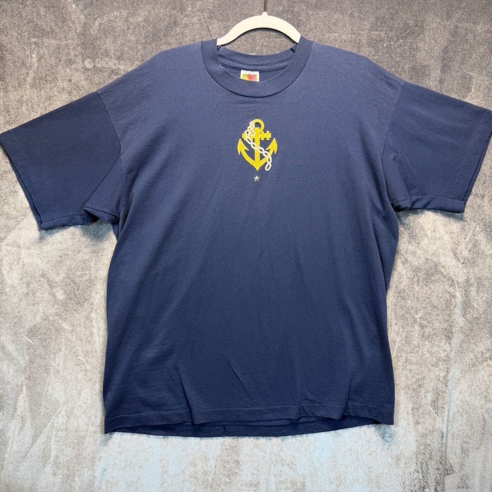 Fruit of the Loom T-Shirt Men's XL Navy Blue Anchor Graphic Vintage 90s Grunge